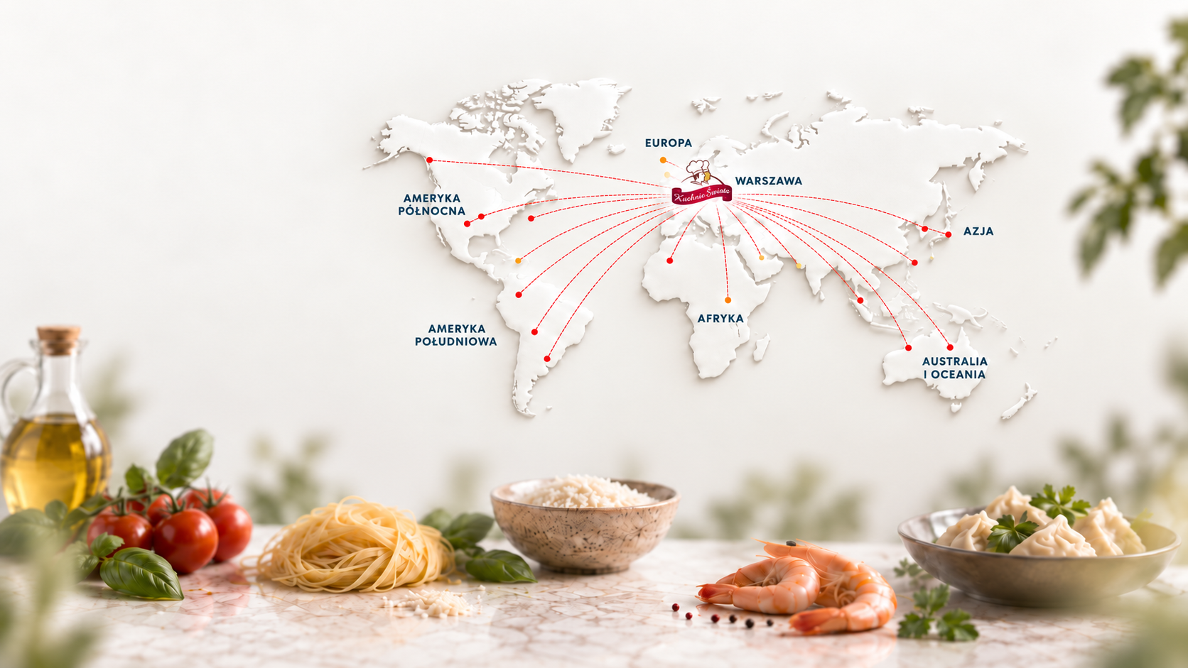 Mapa świata z trasami dostaw Kuchni Świata i produktami z różnych stron świata